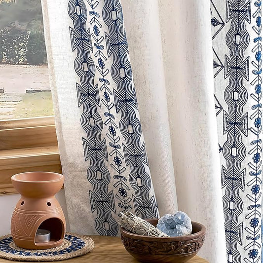NICETOWN Navy Blue and Cream Boho Curtains 102" Long, Embroidered Linen Textured Floor to Ceiling Drapes with Antique Bronze Grommets, Light Filtering Window Treatment for Living Room, 2 Panels