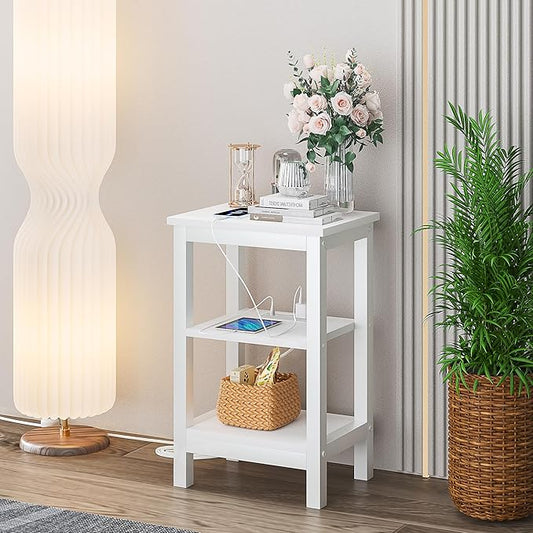 VECELO Modern Nightstands with Charging Station,Side End Table Night Stand with Storage Shelf for Small Spaces, Bedroom,Living Room