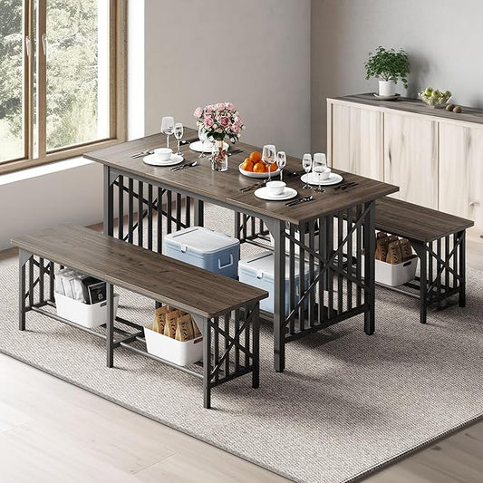 DWVO 3-Piece Dining Table Set for 4-6 People with 2 Benches, 63" Dining Room Table, Industrial Rectangular Dining Room Table Set with Storage for Kitchen, Dining Room, Grey