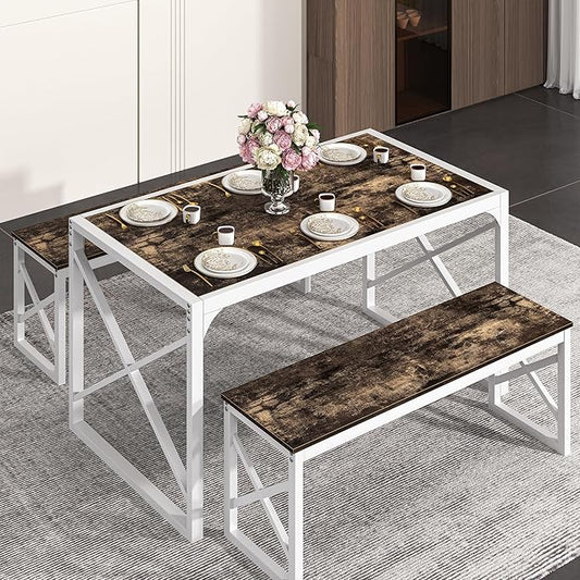 VECELO 55" Kitchen Dining Table Set for 4-6, Wood Dinette 2 Benches with Metal Frame for Dinner Breakfast Nook and Small Space, Dark Brown