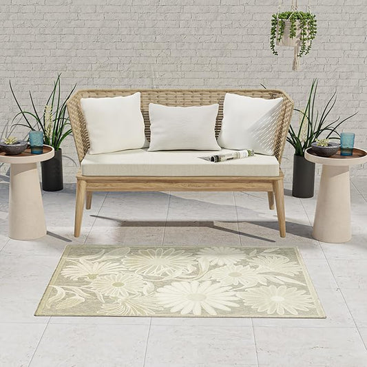 Nourison Home Aloha Ivory Sage 2'8" x 4' Area Rug - Easy Clean, Non Shedding, Bed Room, Living Room, Dining Room, Kitchen (3' x 4')