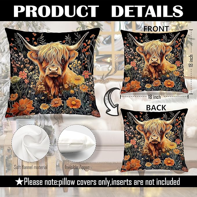 William Morris Inspired-Vintage Floral Highland Cow Pillow Covers 18x18 Set of 2, Highland Cow Lover Gifts,Dark Floral Botanical Farmhouse Cows Decor Pillow Covers for Home Living Room Bedroom