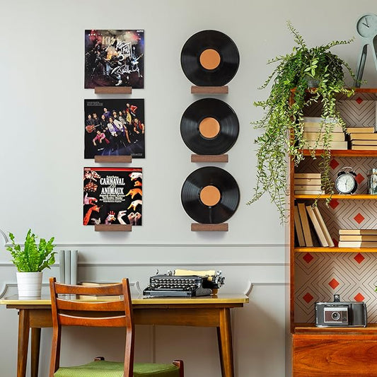 Wood Vinyl Record Shelf Wall Mount, Small Wall Record Holder Display Shelf, Vinyl Record Shelves Record Album Display Holder for LP, CD, Book Art Storage Vintage Home Decor (6, Light Walnut)