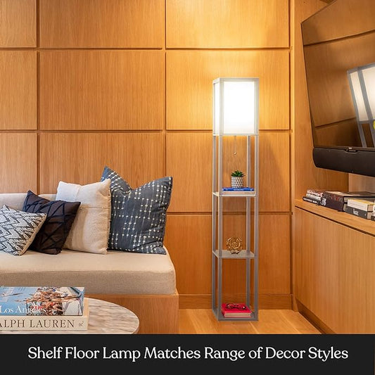 Brightech Maxwell - Modern Shelf Floor Lamp with Lamp Shade & Warm White LED Bulb, Corner Display Floor Lamp with Shelves for Living Room, Bedroom, Nightstand Office, Home Decor Storage - Rustic Wood