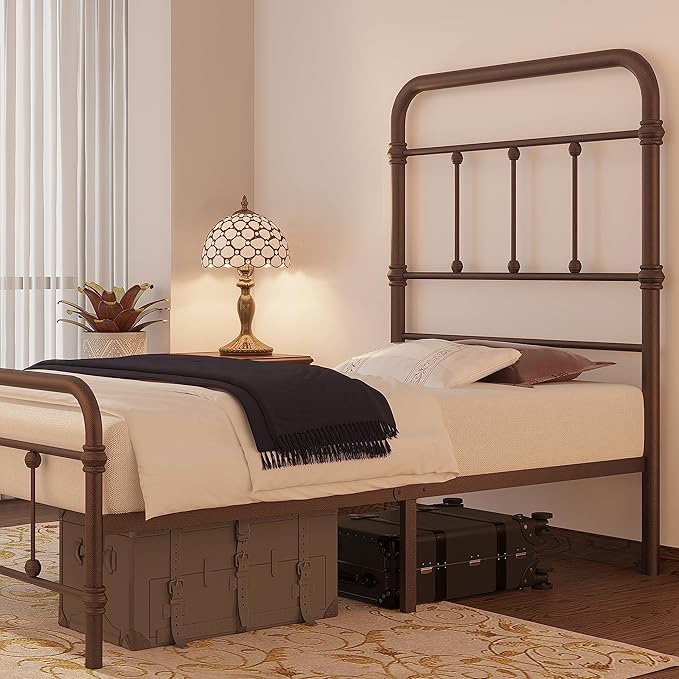 Twin XL-Bed-Frame with headboard Giselle-Vintage Antique-Metal - Platform Mattress Foundation,49 inch High,No Box Spring Needed(Brown)