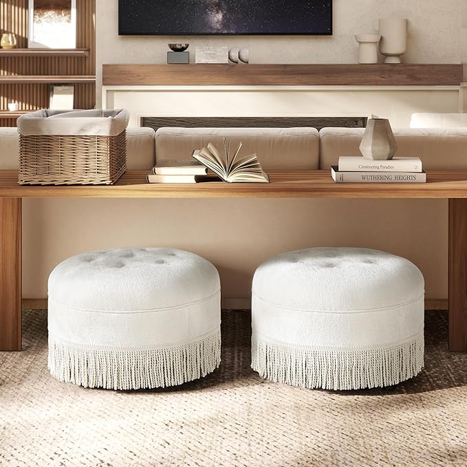 Jennifer Taylor Home Yolanda 24" Round Upholstered Accent Ottoman in Almond White Chenille