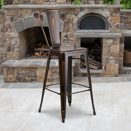 Flash Furniture Blake Commercial Grade 4 Pack 30" High Distressed Copper Metal Indoor-Outdoor Barstool with Back