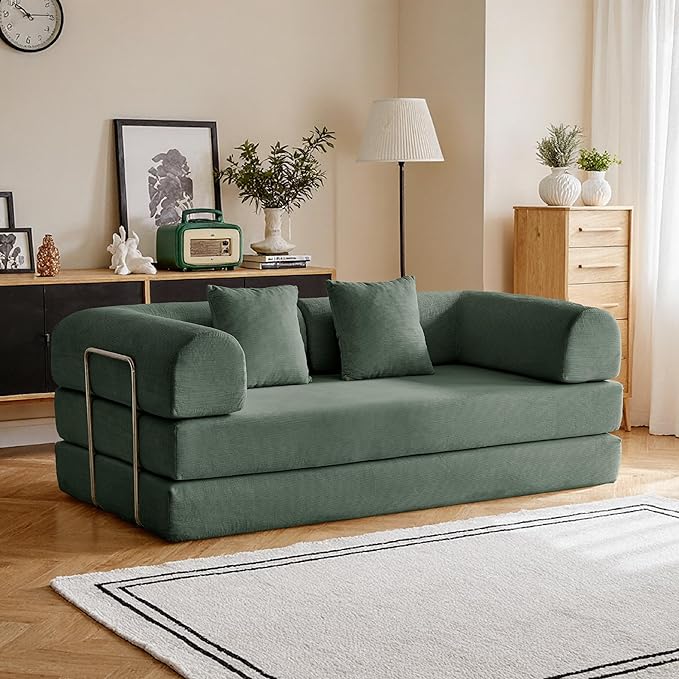 87'' Convertible Compressed Corduroy Folding Cloud Sofa Bed, Modern Modular Boneless Pull Out 3 Seater Sleeper in a Box, 5 in 1 Foldable Floor Mattress Couch, No Assembly Need, Green, 2 Pillows, King