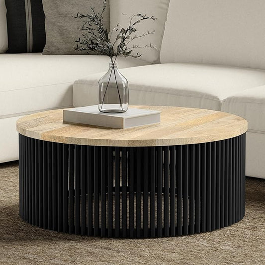 SIMPLIHOME Demy Coffee Table - 35 inch Wide Solid Wood Industrial Contemporary Round Cocktail Table in Natural and Black, Sculptural Living Room Table with Powder Coated Metal Base, Assembled