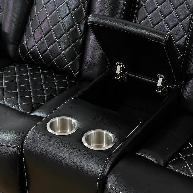 Power Leather Reclining Loveseat Sofa with LED Light,Double Recliner Sofa Love Seat with Storage Console/USB Port/Cup Holder,Leather Couch for Living Room Furniture Sets(2 Seats,Black)