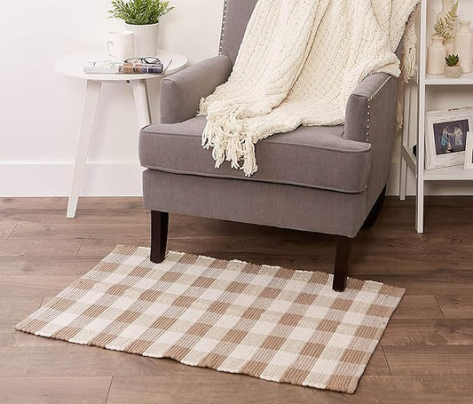 DII Buffalo Check Rug Collection, Hand Dyed Reversible Chindi Rug, 26x40, Stone/Cream