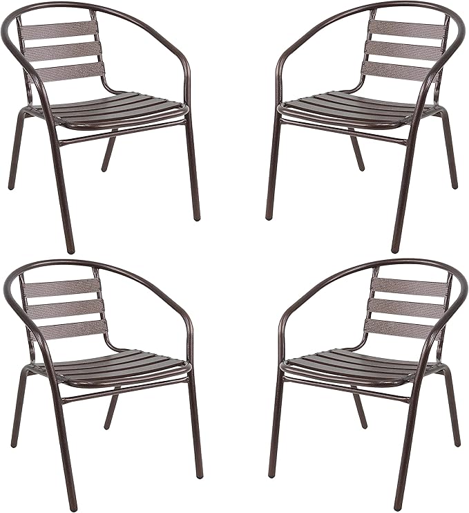 BTEXPERT Indoor Outdoor 28" Tempered Glass Trim Restaurant Aluminum Slat Stack Lightweight, 4 Metal Chairs with a Square Rattan Table, Bronze/Brown