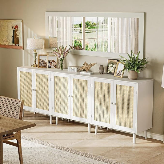 Huuger Buffet Cabinet with Storage, Storage Cabinet with PE Rattan Decor Doors, Solid Wood Feet, for Hallway, Entry, Living Room, White