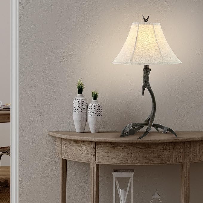 JONATHAN Y 27.5" Black Antler Rustic Resin Table Lamp for Living Room Bedroom, Light Grey Linen Shade, Farmhouse Lodge Nightstand Lamp, LED Bulb Included (JYL6305C)