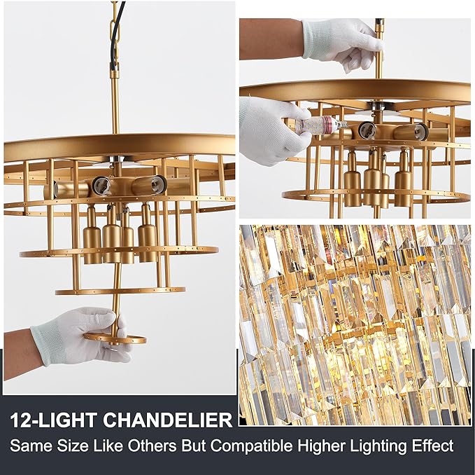 23.23" Gold Crystal Chandelier 12-Light Modern Crystal Pendant Ceiling Light Fixture 5-Tier Luxury K9 Crystal Chandeliers,for Dining Room Kitchen Island Living Room Bedroom