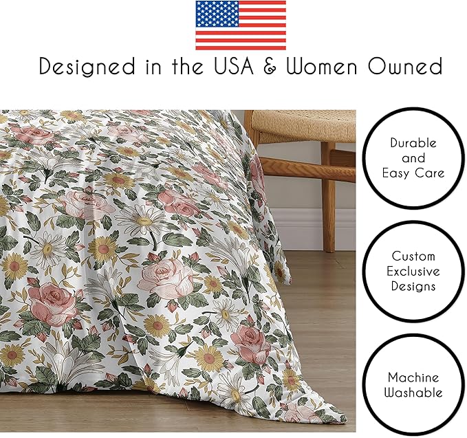 Sweet Jojo Designs Vintage Floral Boho Girl Full/Queen Size Kid Childrens Bedding Comforter Set - 3 Pieces - Blush Pink, Yellow, Green and White Shabby Chic Rose Flower Farmhouse