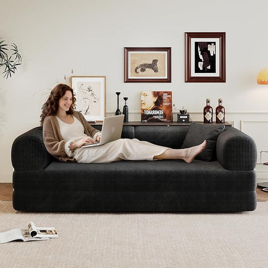 JINGLING 79" Queen Sleeper Sofa Bed with Memory Foam, Compressed Couch in a Box, Foldable Convertible Small Couches for Small Spaces Bedroom Game Room, Corduroy Fabric, Black