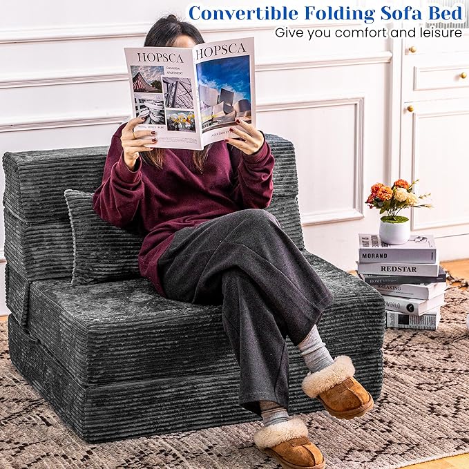 Cvortll Folding Sofa Bed, Convertible Sleeper Chair with Pillow, High Density Memory Foam Fold Out Couch, Foldable Mattress Futon Sofa for Living Room/Dorm/Guest Use/Apartment/Home Office
