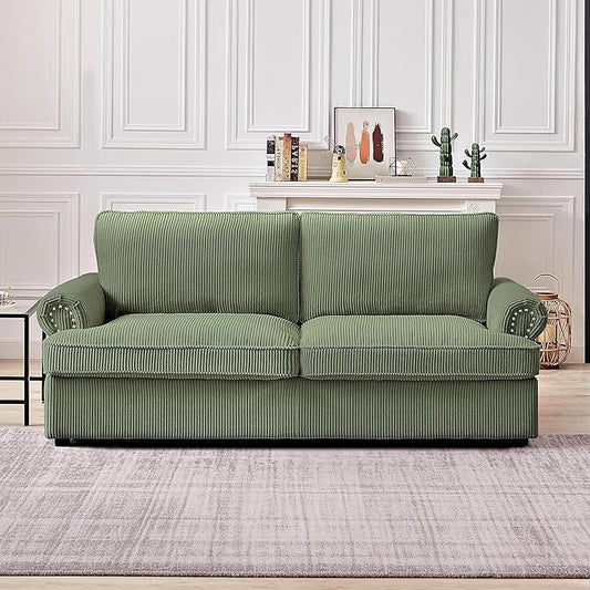 Reversible Sleeper Sofa Bed with Comfortable Memory Foam Mattress, Convertible Corduroy Full Size Pull Out Couch for Living Room, Space Saving Furniture, 76" Wide, Rounded Arms, Dark Green