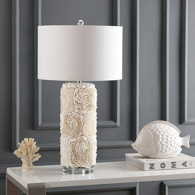 JONATHAN Y 28.5" Cream Seashell Resin and Crystal LED Table Lamp, Coastal Floral Mosaic Column Lamp with White Linen Drum Shade for Living Room, LED Bulb Included JYL1006A