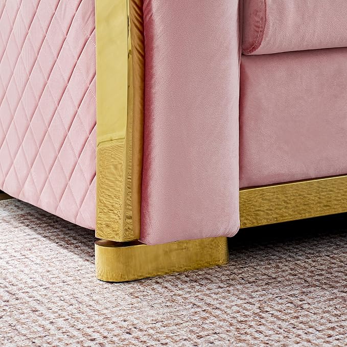 KEIKI 106" L-Shaped Luxury Velvet Chesterfield Sectional Sofa with Gold Stainless Steel Accents and 5 Pillows, Mid-Century Oversized 5-Seater Button Tufted Couch, Easy Assembly, for Living Room, Pink