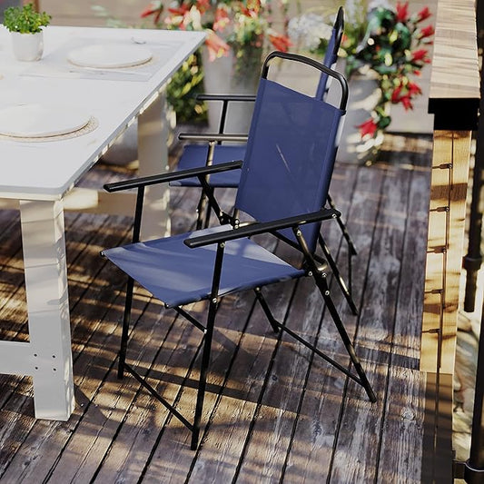 Flash Furniture Mystic Folding Patio Sling Chairs, Outdoor Textilene Lawn Chairs with Armrests, Set of 4, Navy