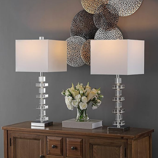 SAFAVIEH Lighting Collection Deco Clear/Chrome Crystal 29-inch Table Lamp Set of 2 with USB Charging Port (LED Bulbs Included)