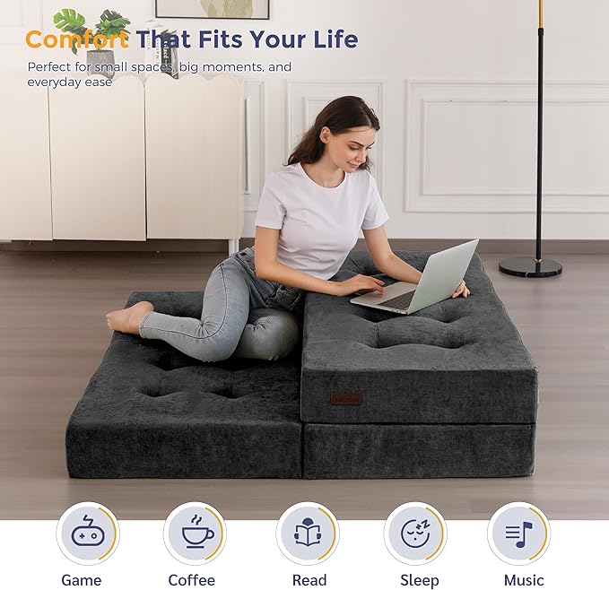 MAXYOYO Tri-Fold Mattress, 6 Inch Tufted Folding Mattress with Chenille Fabric, Portable Queen Size Floor Guest Mat for Adults, Foldable Topper for Camping, Dark Grey