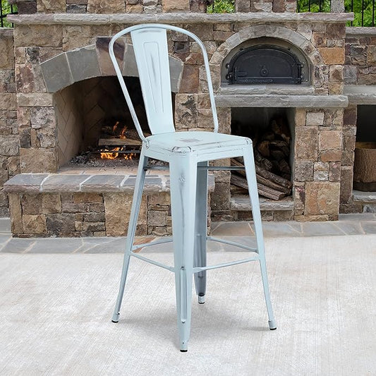 Flash Furniture Blake Commercial Grade 4 Pack 30" High Distressed Green-Blue Metal Indoor-Outdoor Barstool with Back