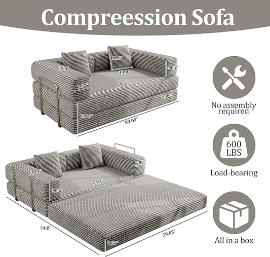 BSHOMGI 4 in 1 Futon Sofa Bed Queen Size - Foldable Convertible Sleeper Sofa Couch with L-Shaped Armrests Space Saving Floor Mattress for Bedroom & Dorm(Light Gray, 59” 2 Seat)