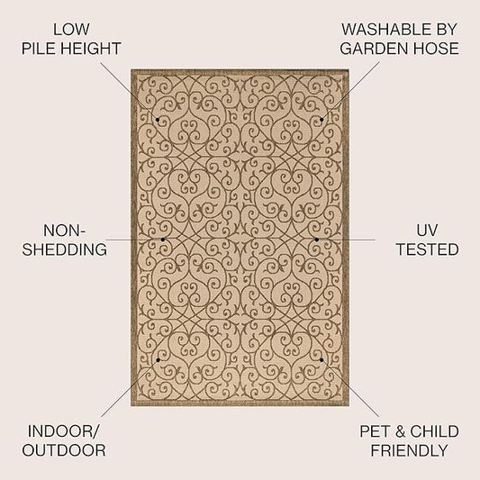 JONATHAN Y Vintage Filigree Indoor Outdoor Area Rug 4X6 Beige/Brown, Madrid Textured Weave for Backyard, Patio, Porch, Easy-Cleaning, High Traffic, Pet-Friendly, Non-Shedding (SMB107B-4)