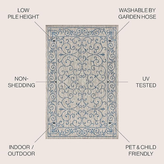 JONATHAN Y Vintage Filigree Indoor Outdoor Round Area Rug 5 Ft Gray/Navy, Charleston Textured Weave for Backyard, Patio, Porch, Easy-Cleaning, High Traffic, Pet-Friendly, Non-Shedding (SMB106C-5R)