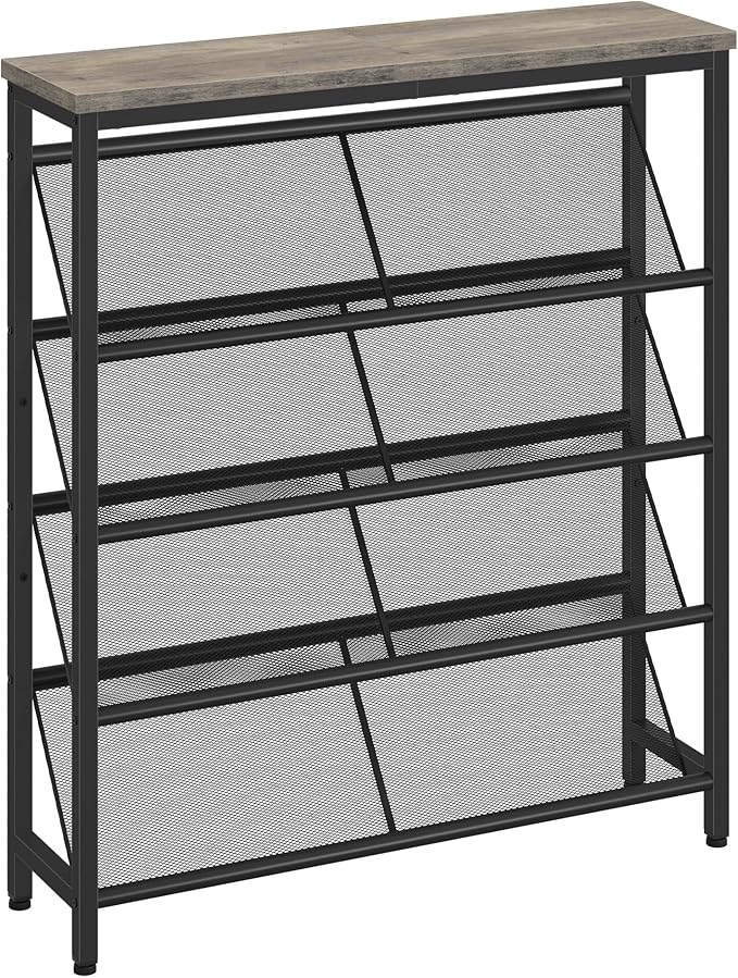 Shoe Rack, 5-Tier Slanted Shoe Storage Shelf, Narrow Shoe Rack for Entryway, Shoe Organizer with Adjustable Feet, Slim Shoe Shelf with Wooden Top and Metal Frame, Greige and Black TXJ02BG