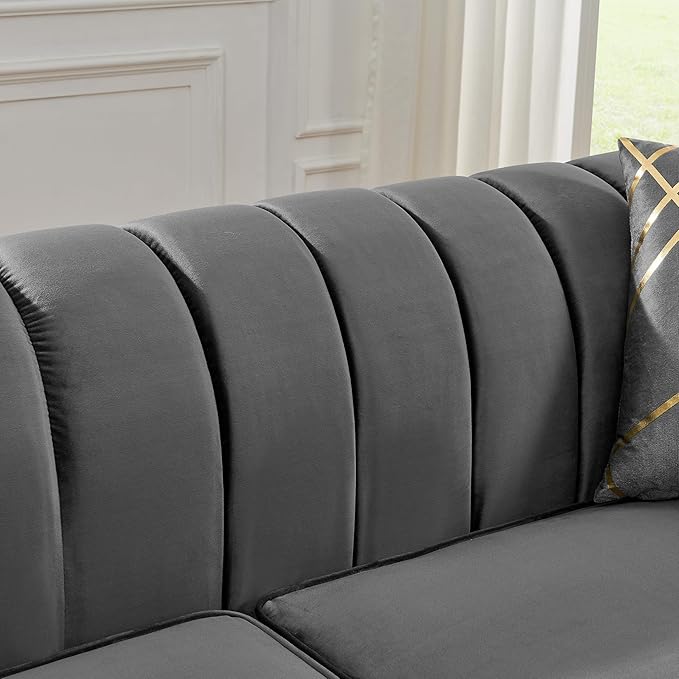 KEIKI 2-Piece Luxury Chesterfield Sofa Set with 2 Oversized Velvet 3-Seater Sofa, Upholstered Modern 6-Seater Button Tufted Couch Set with 4 Pillow, Gold Stainless Decoration, for Living Room, Gray