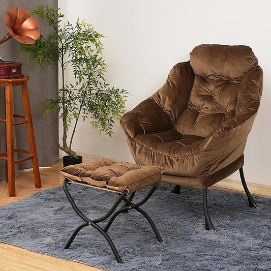 Kokel Lazy Chair with Folding Ottoman,Living Room Chairs, Accent Contemporary Lounge Chair, Single Steel Frame Leisure Sofa Chair with Armrests and A Side Pocket (Brown)