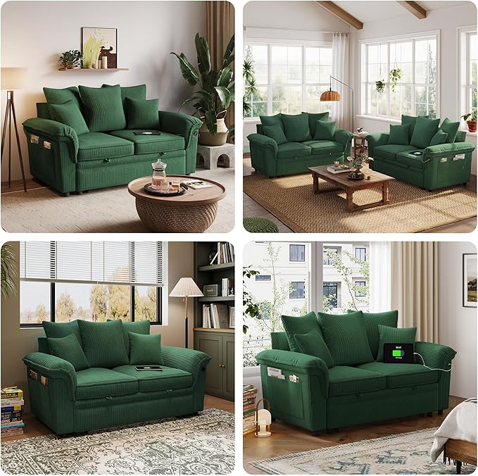 LINSY HOME Sectional Loveseat Sofa with Pull Out Chaise (Green, 62.5'') | USB Charging, Pillow-style Armrest, Multiple Cushions, Side Storage Pockets, Corduroy Fabric
