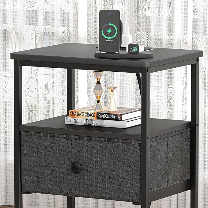 VECELO Nightstands with Charging Station Set of 2,Bedside Tables with Storage Shelf&Fabric Drawer,End Tables for Bedroom,Living Room,Small Spaces,Black