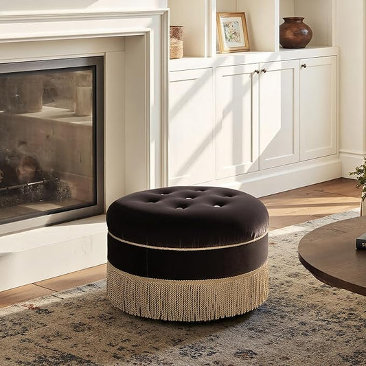 Jennifer Taylor Home Yolanda 24" Round Upholstered Accent Ottoman, Deep Brown Performance Velvet