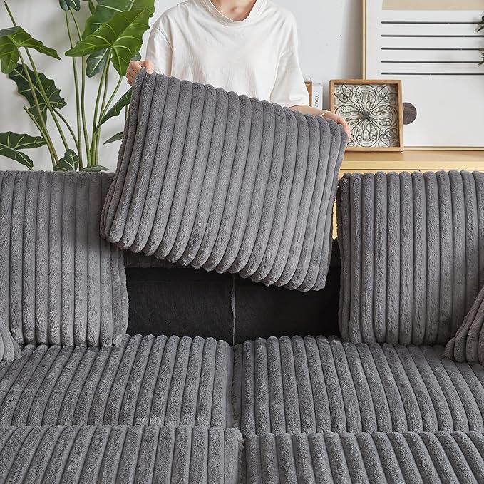 Corduroy Upholstered Modular Sectional Sofa Cloud Couch with Movable Ottoman, 84" Oversized Loveseat Convertible Sleeper Sofabed with 3 Cushion Backrest and Throw Pillows