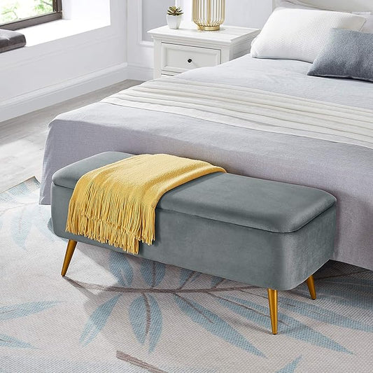 Ball & Cast Upholstered Velvet Storage Bench 44"W x 16"D x 18"H Grey,Golden Powder Coating Legs Set of 1