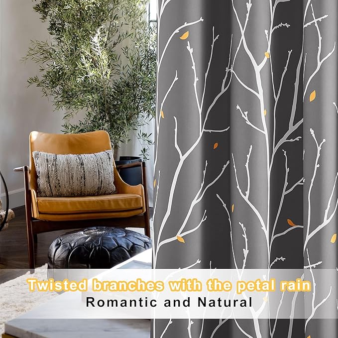 NICETOWN Room Darkening Ceiling to Floor Curtains, Decorative Modern Aesthetic Branches with Petals Triple Weave Material Thermal Insulated for Villa/Cottage, Grey, W52 x L95, 2 PCs