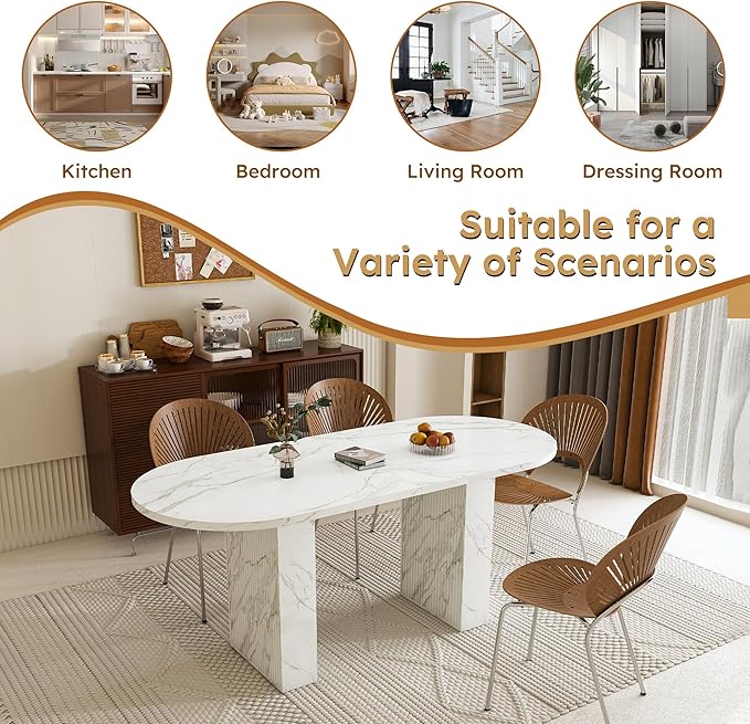 KEIKI 63" Oval Dining Room Table, Modern Farmhouse Dining Table for 6, Kitchen Table with Marble Top and Sturdy Wood Metal Base, Scratch Resistant Surface, White Marble