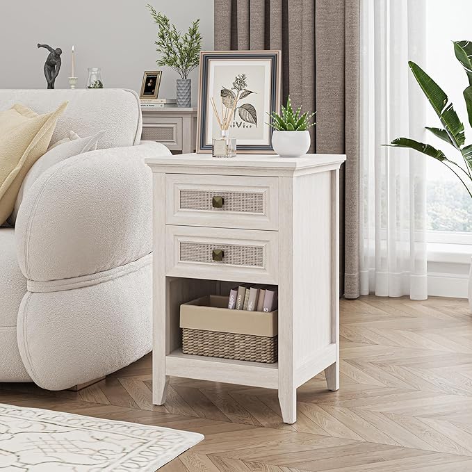 RoyalCraft Rattan Nightstand, Boho Bedside Table with 2 Rattan Decor Drawers, Accent End Table with Open Storage Shelf, Wood Bedside Unit for Bedroom, Home Office, Grayish White