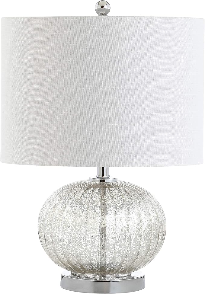 JONATHAN Y 21" Mercury Silver Ribbed Glass Table Lamp, Modern Transitional Bedside Lamp for Living Room, Bedroom, Nightstand, White Linen Shade, LED Bulb Included JYL4015A