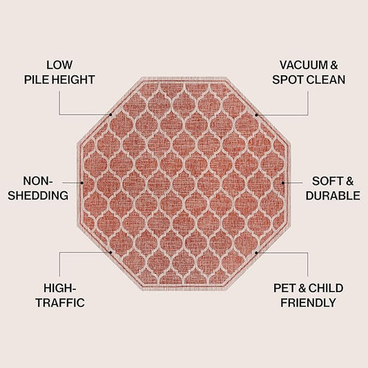 JONATHAN Y Moroccan Trellis Indoor Outdoor Octagon Area Rug 5 Ft Red/Beige, Trebol Textured Weave for Backyard, Patio, Porch, Easy-Cleaning, High Traffic, Pet-Friendly, Non-Shedding (SMB109C-5TGN)