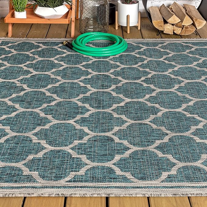 JONATHAN Y Moroccan Trellis Indoor Outdoor Area Rug 3X5 Teal/Gray, Trebol Textured Weave for Backyard, Patio, Porch, Easy-Cleaning, High Traffic, Pet-Friendly, Non-Shedding (SMB109E-3)