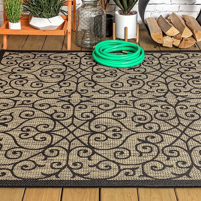 JONATHAN Y Vintage Filigree Indoor Outdoor Area Rug 3X5 Black/Khaki, Madrid Textured Weave for Backyard, Patio, Porch, Easy-Cleaning, High Traffic, Pet-Friendly, Non-Shedding (SMB107A-3)