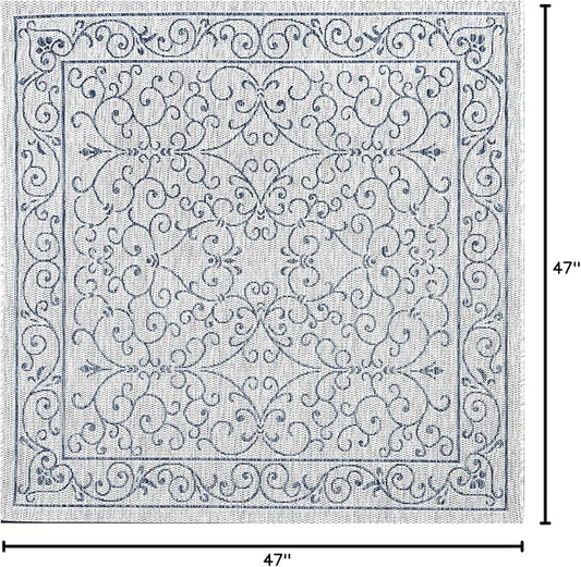 JONATHAN Y Vintage Filigree Indoor Outdoor Square Area Rug 4X4 Gray/Navy, Charleston Textured Weave for Backyard, Patio, Porch, Easy-Cleaning, High Traffic, Pet-Friendly, Non-Shedding (SMB106C-4SQ)