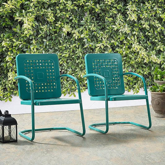 Crosley Furniture Bates 2-Piece Outdoor Chair Set, Retro Metal Patio Chairs for Dining, Porch, Deck, Balcony, Turquoise Gloss