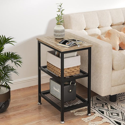 VECELO Tall End Side Tables, 30" Height Nightstand with 3-Tier Storage Shelf for Bedroom Living Room, Easy Assembly,Industrial Style, Grey